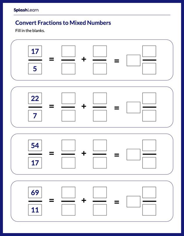 decompose fractions to mixed numbers math worksheets splashlearn