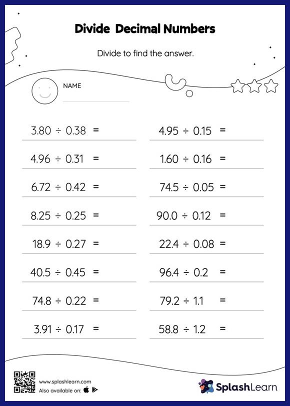 Divide decimals by decimals worksheets for kids online