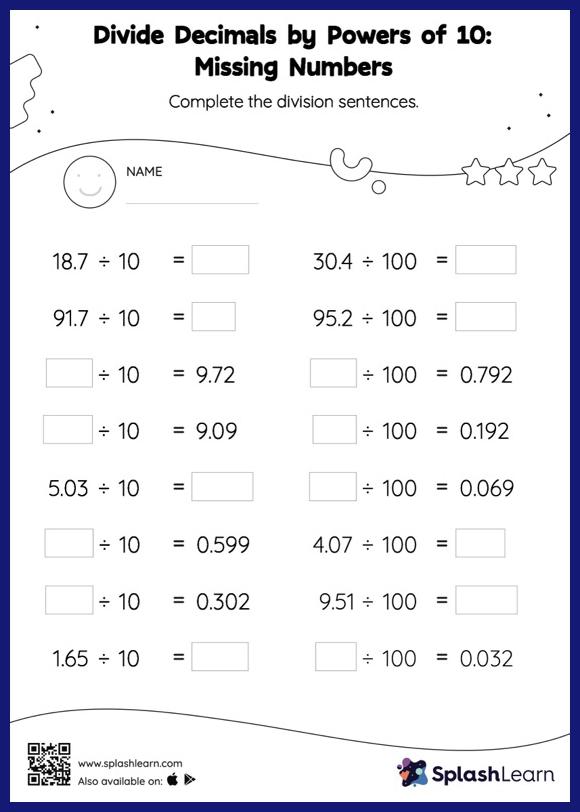 divide decimals by powers of 10 worksheets for 5th graders online splashlearn