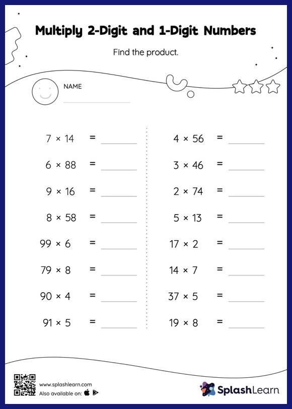 multiply 2 digit and 1 digit numbers horizontal multiplication math worksheets splashlearn