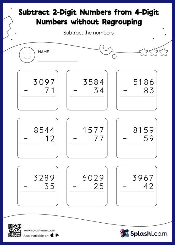 Add and subtract 4-digit and 2-digit numbers without regrouping: vertical addition and