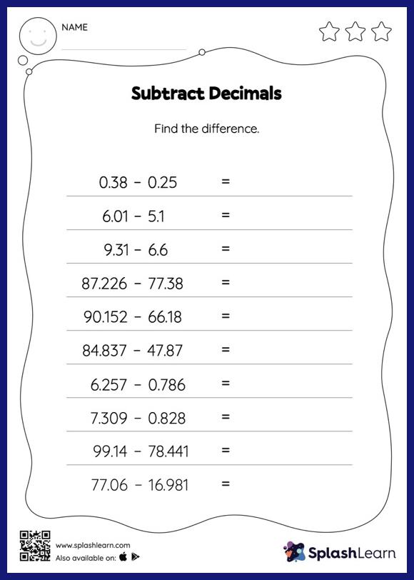 subtract decimals horizontal subtraction math worksheets splashlearn