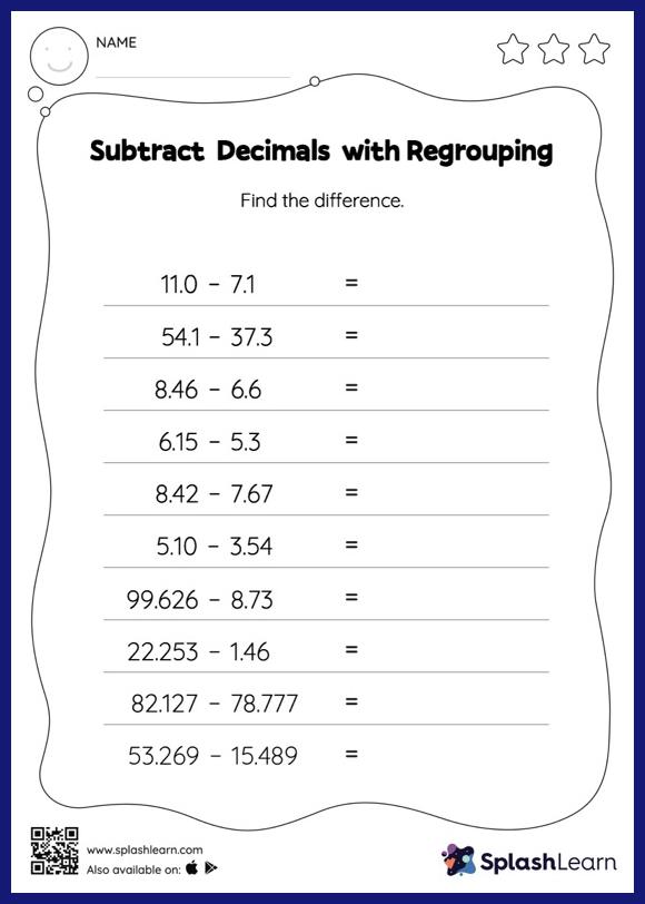 subtract decimals with regrouping horizontal subtraction math worksheets splashlearn