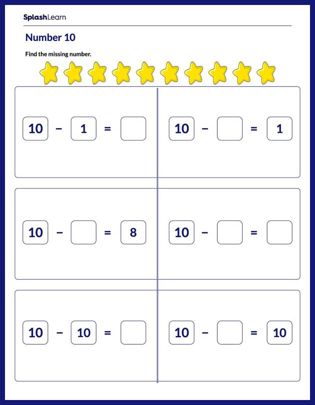 subtract from 10 math worksheets splashlearn