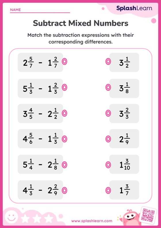 Subtract mixed numbers and match the difference