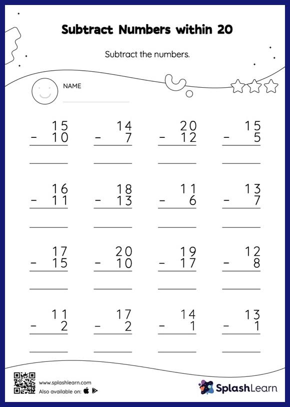 Fluently subtract within 20 worksheets for 1st graders online