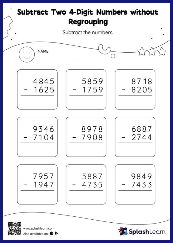 Subtract two 4-digit numbers without regrouping: vertical subtraction