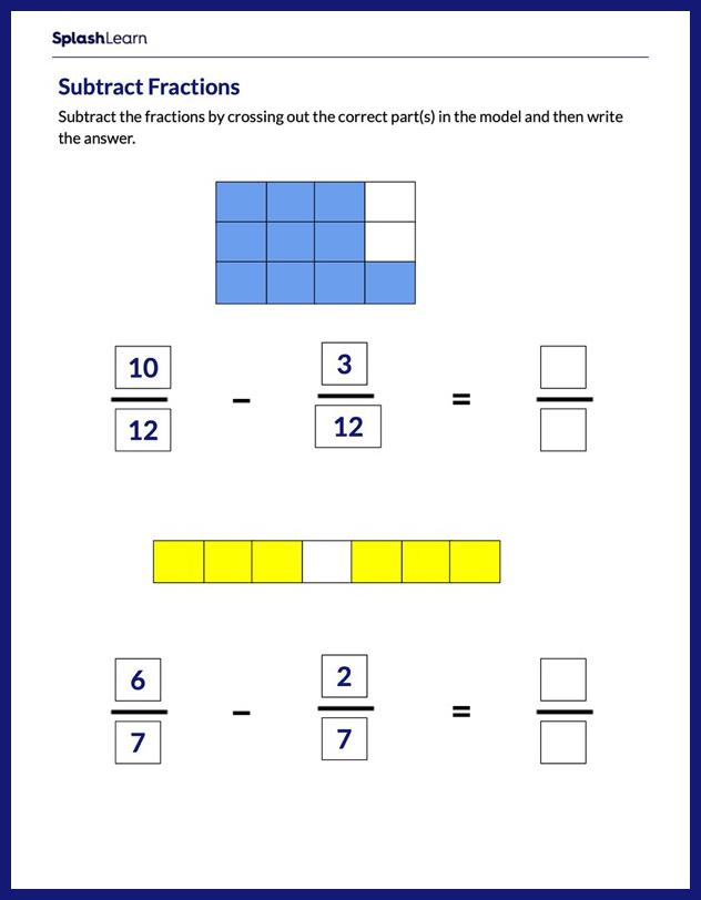 subtracting fractions using visual model math worksheets splashlearn