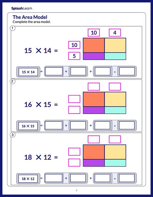 use area model to break the expression math worksheets splashlearn