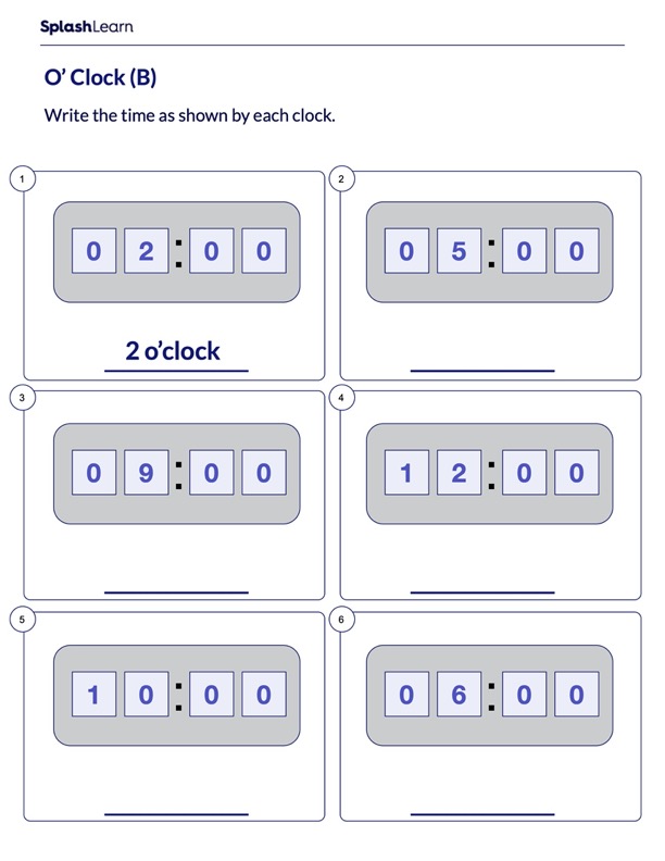 write time using o clock math worksheets splashlearn