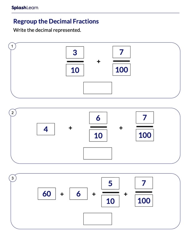 add decimal fractions to write decimal number math worksheets splashlearn
