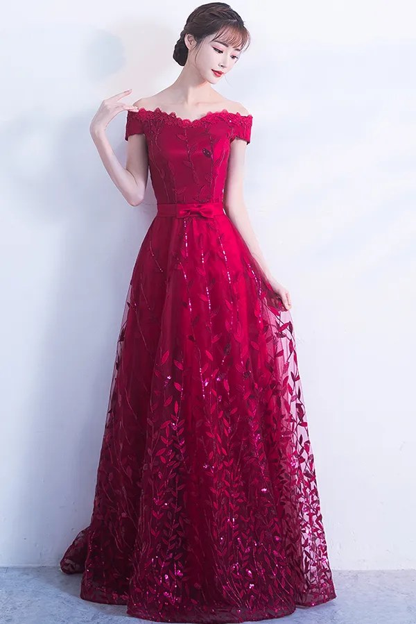 Mto Wine Red Off Shoulder Embroidery Lace Party Dinner Dress Ladies Room Fashion Malaysia 1st Online Retail Fashion Boutique