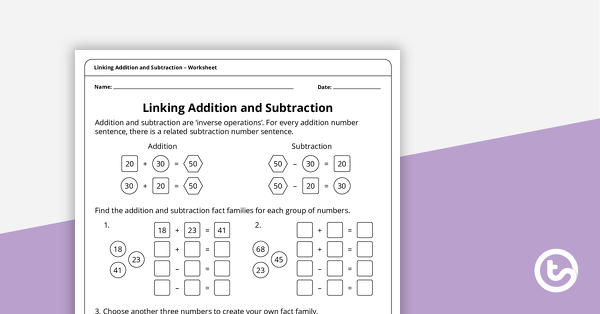 linking addition and subtraction worksheet teach starter