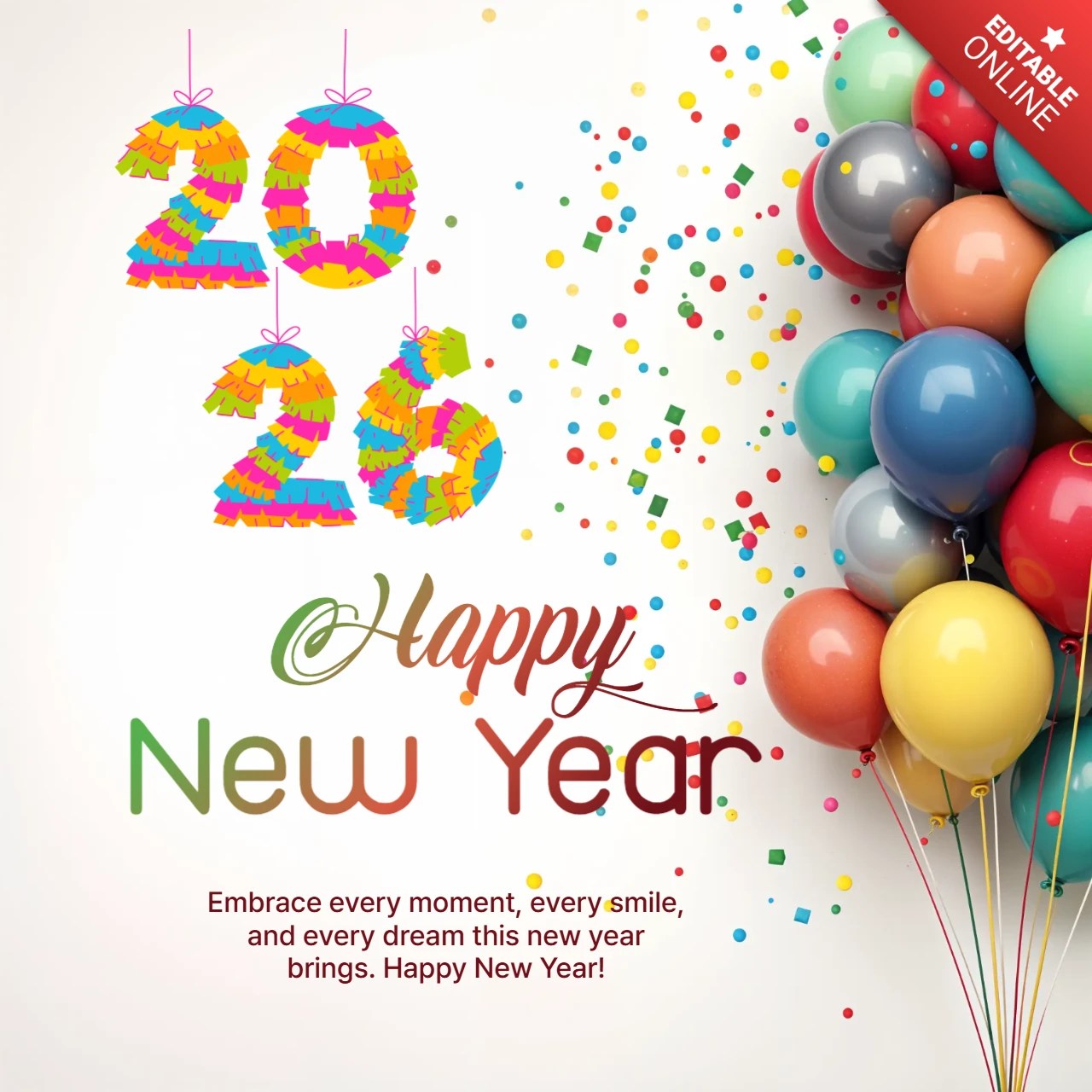 Colorful Balloons And Joyful Wishes For 2026 New Year Card Template.