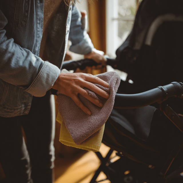 Close-up of a woman cleaning a baby stroller | Source: Midjourney