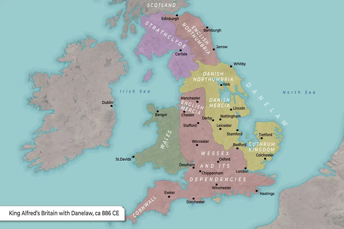 Map Anglo Saxon Britain Heptarchy 650 750 CE Danelaw Map Small 