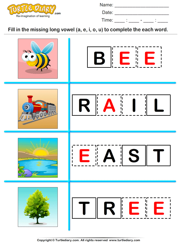 fill in the missing long vowel worksheet turtle diary