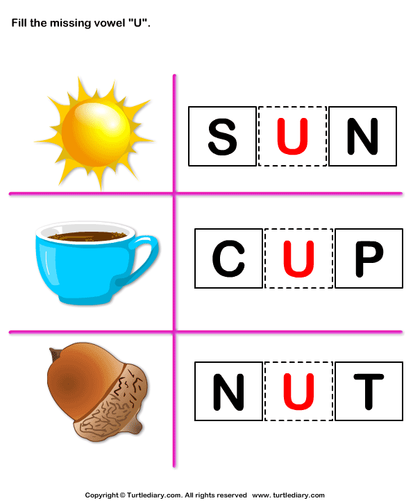 fill in the missing vowel u worksheet turtle diary
