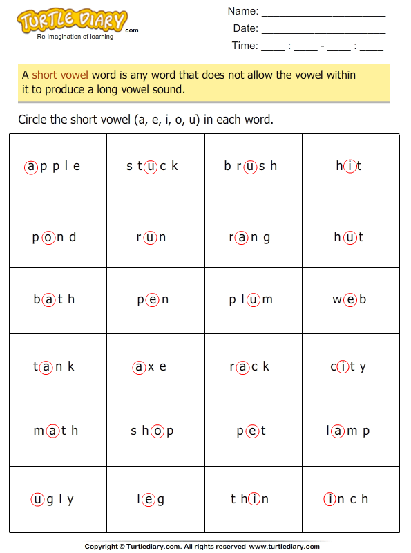 identify and circle the short vowel in each word worksheet