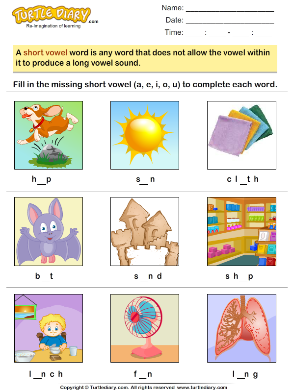 write missing short vowel a e i o u to complete each word turtle diary worksheet