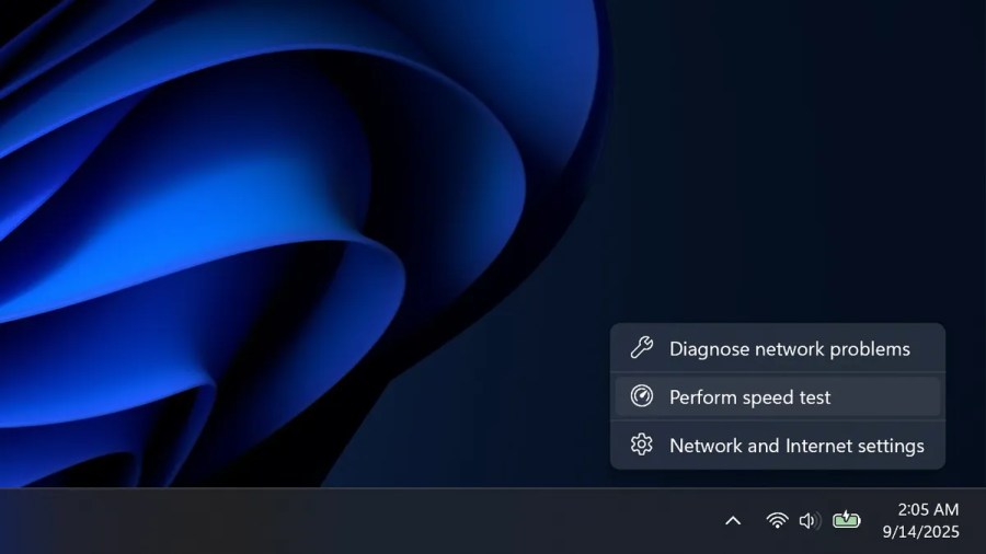 A Windows desktop showing the menu options 'Diagnose network problems,' 'Perform speed test,' and 'Network and Internet