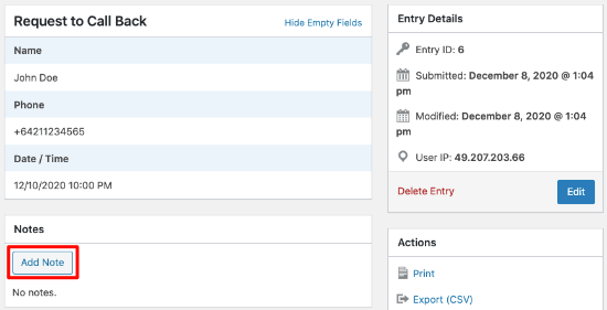 Add a note in WPForms entries Add a note in WPForms entries