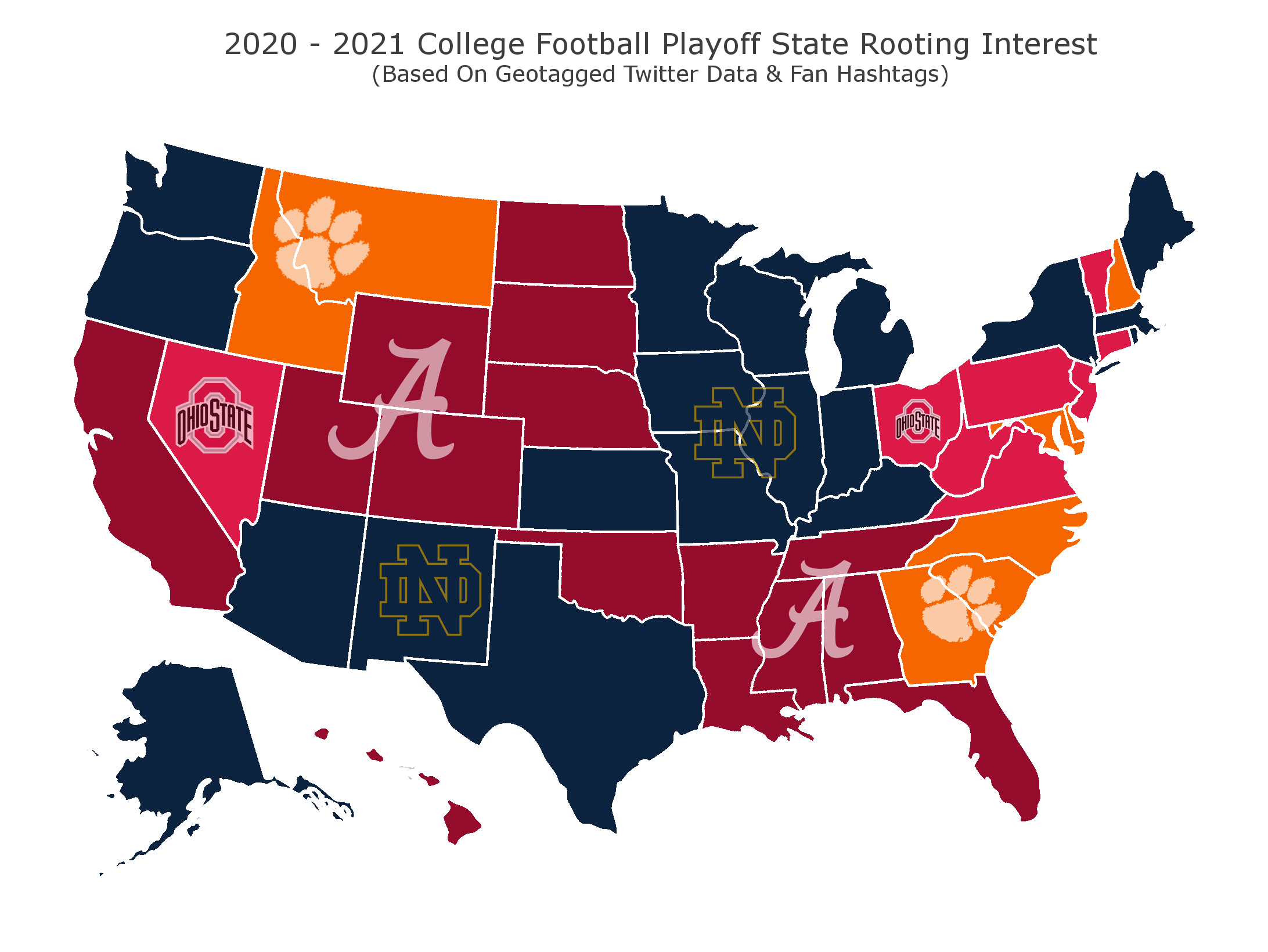 Map: notre dame and alabama have the most support to win the national