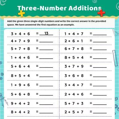 addition worksheet three single digits horizontal