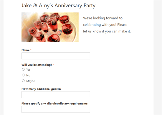 The RSVP form live on the website The RSVP form live on the website