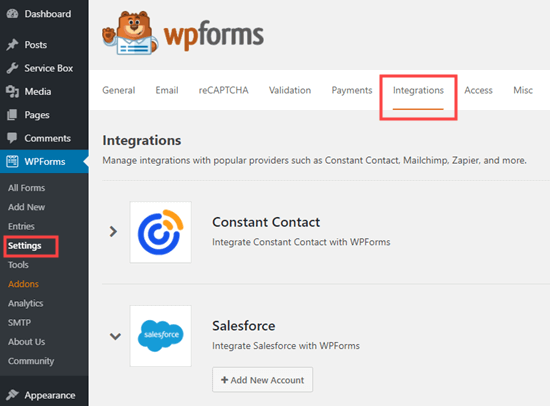 WPForms' Settings - Integrations tab in the WordPress admin WPForms' Settings - Integrations tab in the WordPress admin