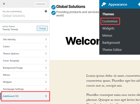 Opening the theme customizer to add custom CSS Opening the theme customizer to add custom CSS