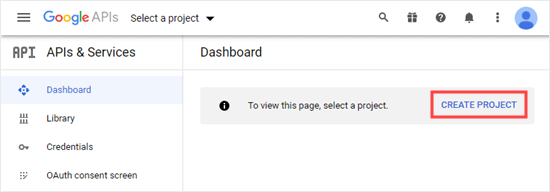 Creating a project in the Google Developers Console dashboard Creating a project in the Google Developers Console dashboard