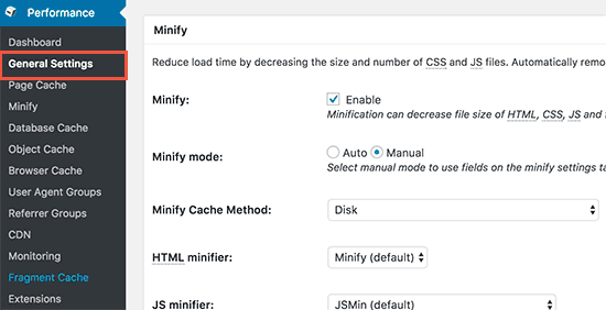 W3 Total Cache enable minify