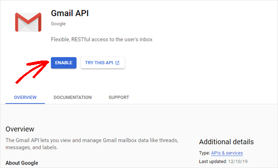 Clicking the Enable button for the Gmail API Clicking the Enable button for the Gmail API