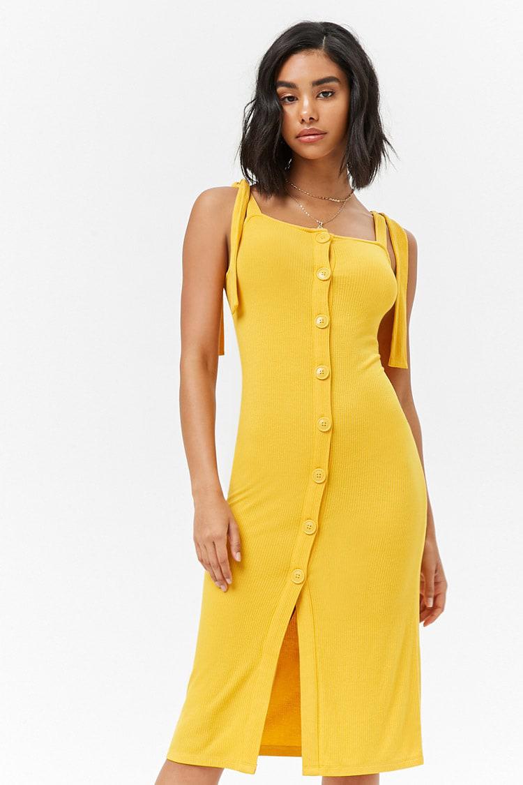 Forever 21 Synthetic Ribbed Button Down Dress In Mustard Yellow Lyst