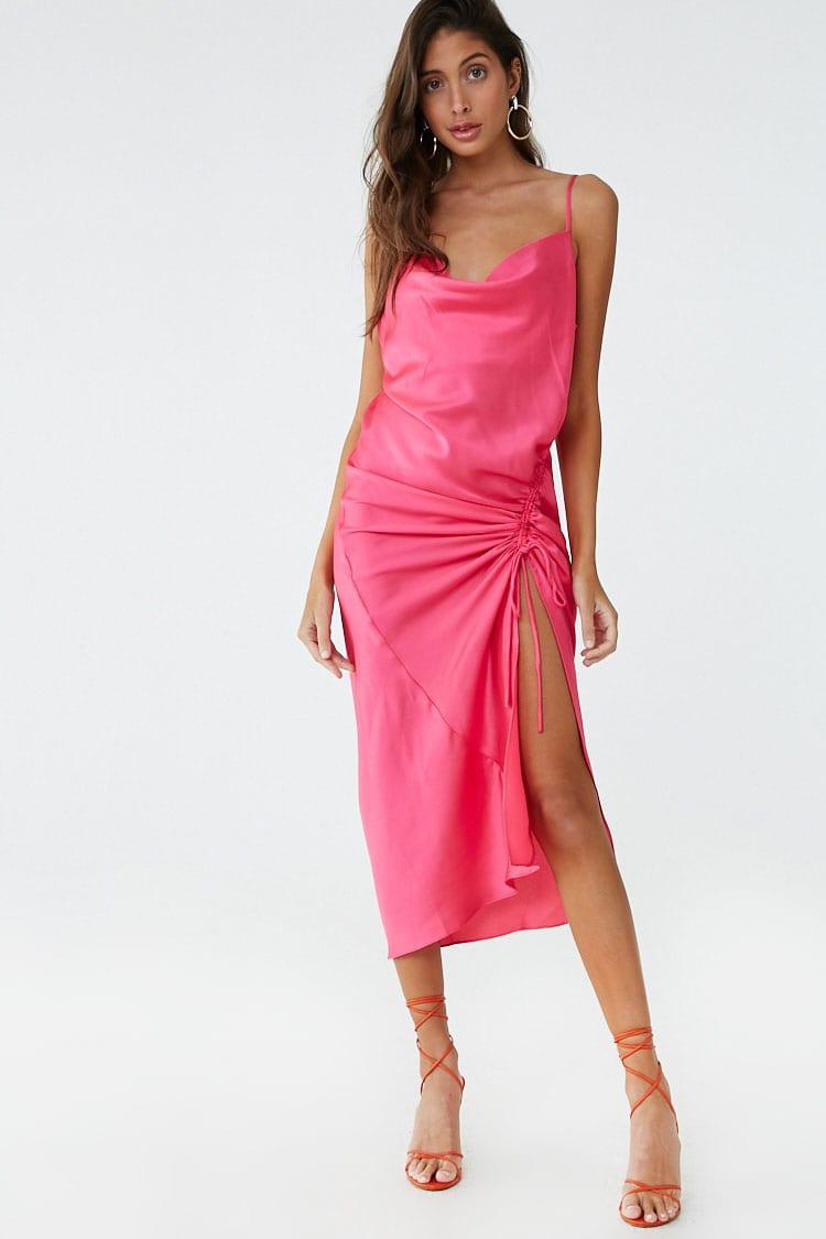 Forever 21 Satin Ruched Ruffle Dress Pink Lyst