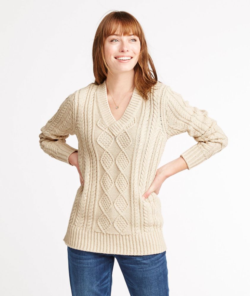 womens signature cotton fisherman sweater v-neck tunic sweaters at llbean on women's fisherman sweater cotton