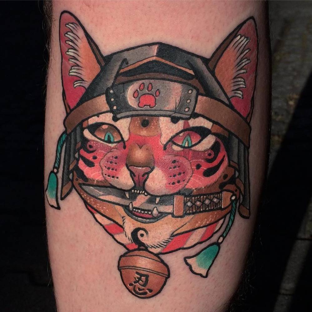 Neotraditional Ninja Cat Tattoo On The Left Calf. 1000_x_1000_jpg