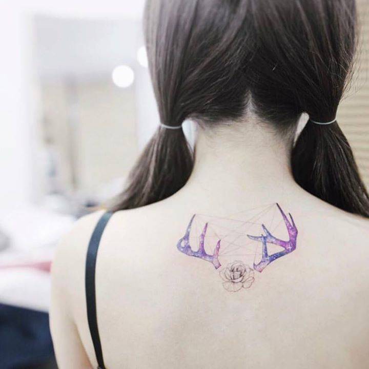 Deer Horn + Rose Tattoo On The Upper Back. 720_x_720_jpg