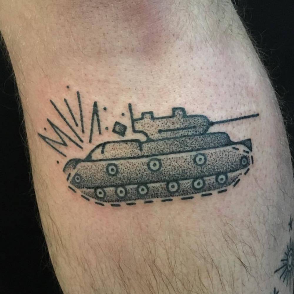 Hand Poked Tank Tattoo On The Shin. 1000_x_1000_jpg