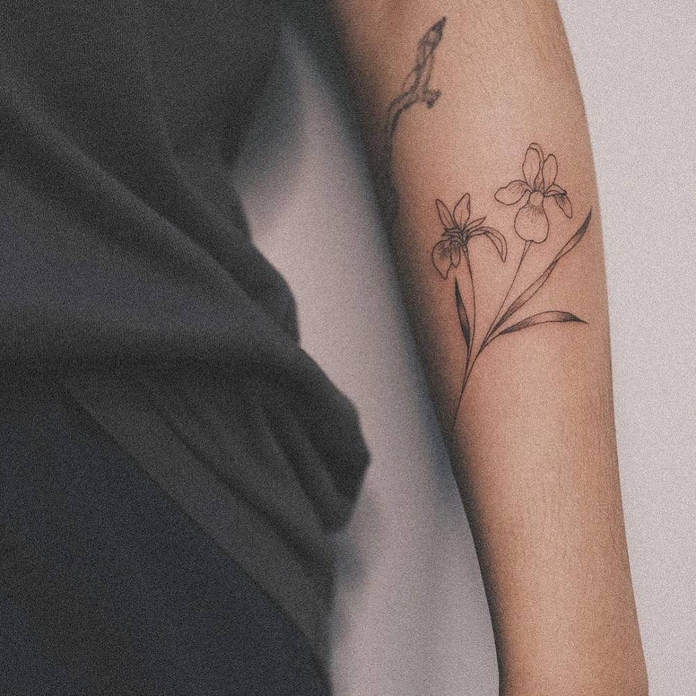 Fine Line Iris Flower Tattoo On The Forearm. 1000_x_1000_jpg