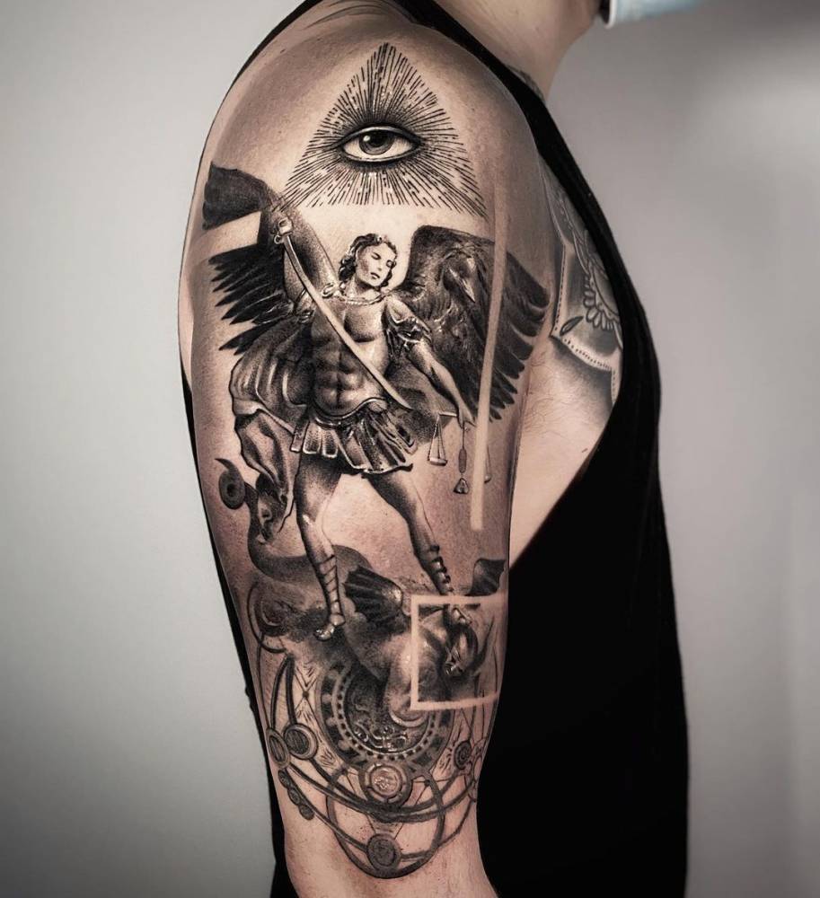 Black And Grey St Michael Archangel Tattoo On The Upper 1000_x_913_jpg