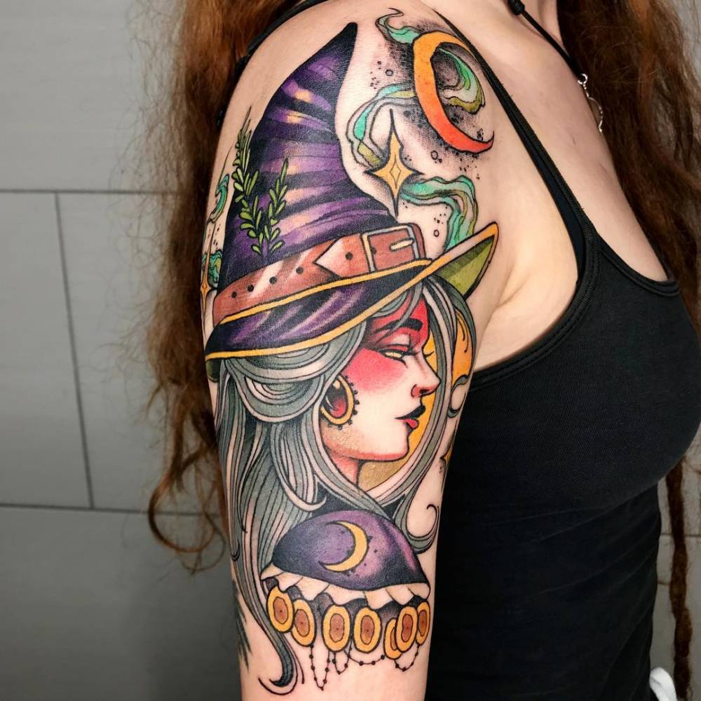 Neotraditional Witch Portrait Tattoo On The Upper Arm.