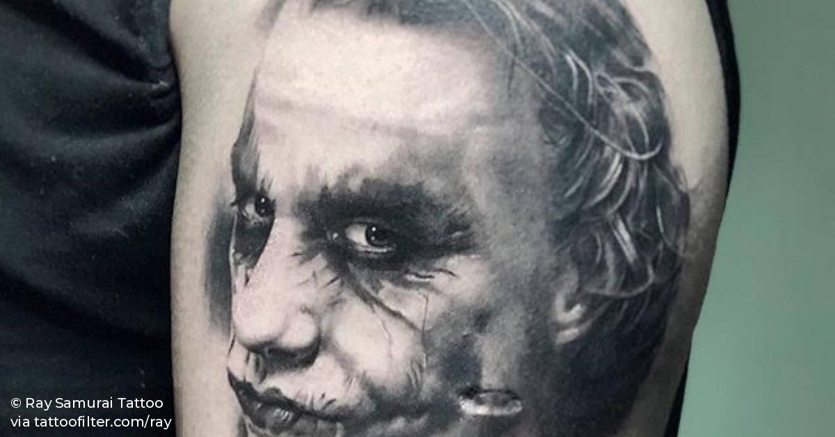 Heath Ledger As The Joker Portrait Tattoo On The Left 628_x_1200_jpg