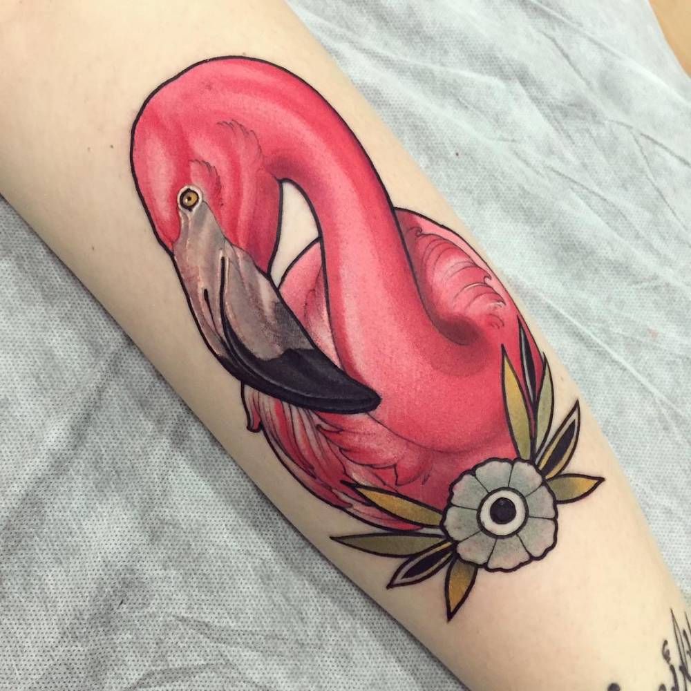 Neotraditional Flamingo Tattoo On The Left Calf. 1000_x_1000_jpg
