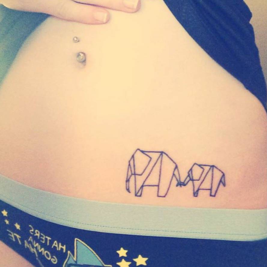 Origami Elephant Family Tattoo On Sierra Crowell's Hip. 890_x_889_jpg