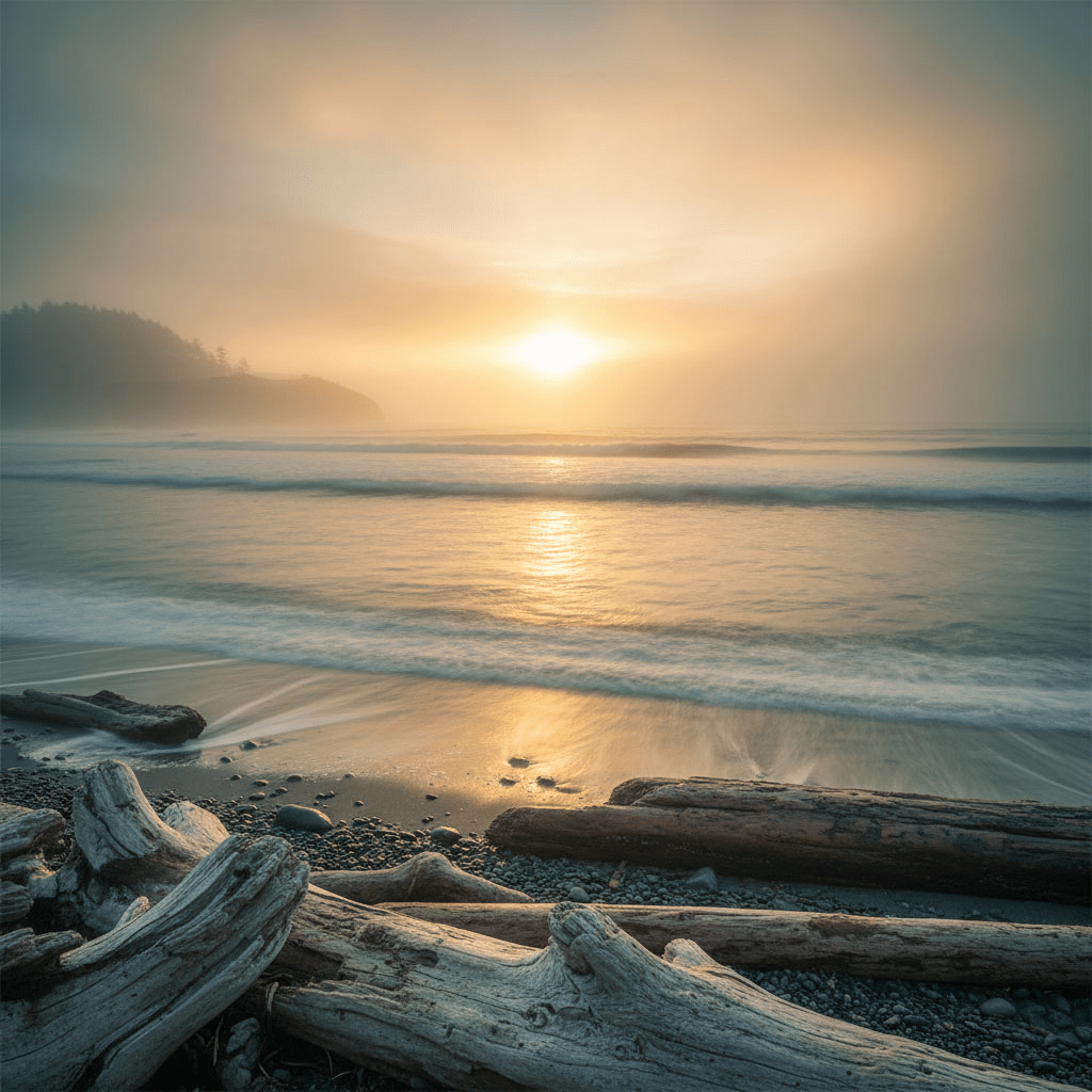 Golden sunrise light spreads across a quiet beach, reflecting on wet sand as gentle waves roll toward shore.