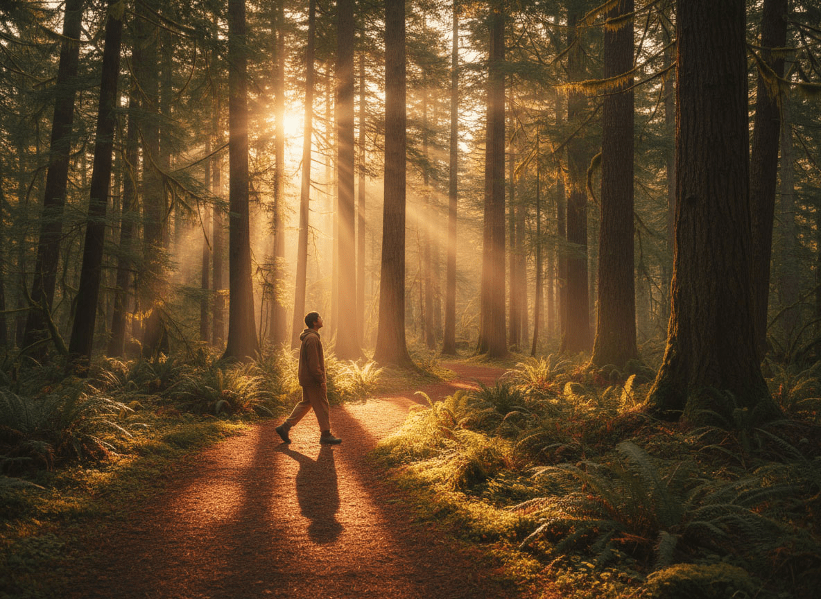 A person walks along a sunlit forest trail at a relaxed pace, surrounded by tall trees, ferns, and warm golden light.