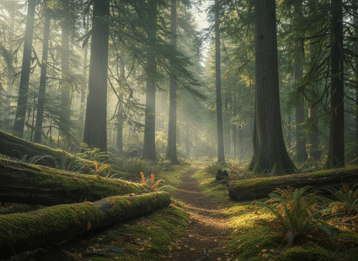 A quiet forest clearing with soft morning light filtering through tall evergreens. Moss-covered logs, ferns, and gentle mist create a calm, grounding atmosphere. A narrow path winds through the trees, inviting slow exploration and connection with the natural world. Muted tones, cinematic light, Pacific Northwest mood