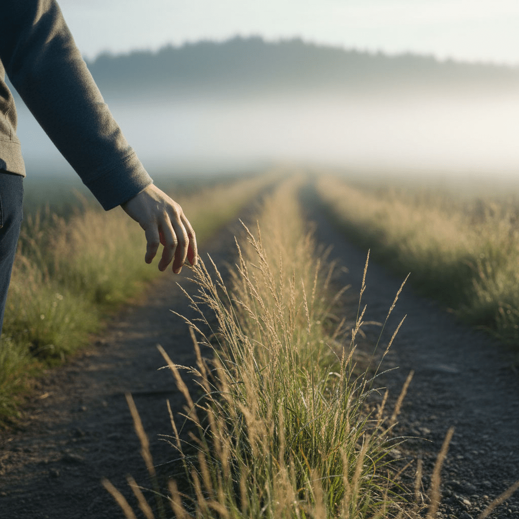 A hand gently brushes through tall grass while walking forward, the blades bending softly in the morning light.